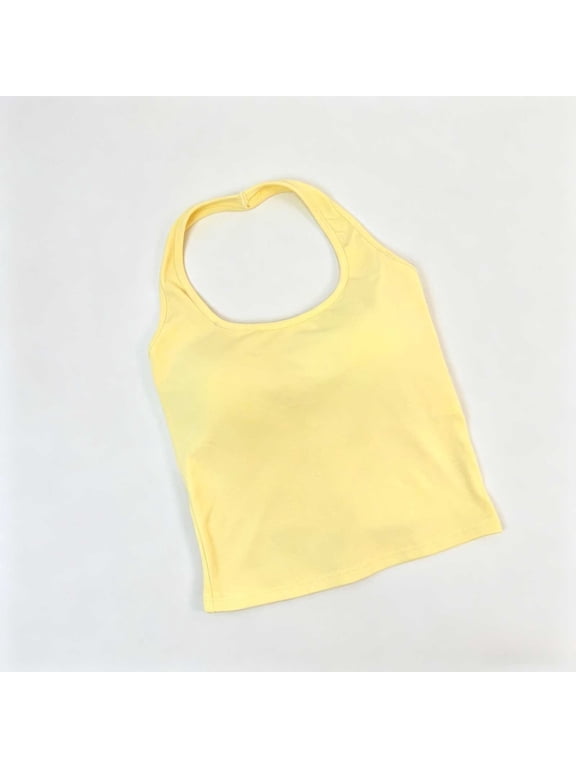 Womens Tank Tops with Built in Bra Yellow Casual Sleeveless Halter Cotton Tunic Loose Fit Summer Tops Free Size