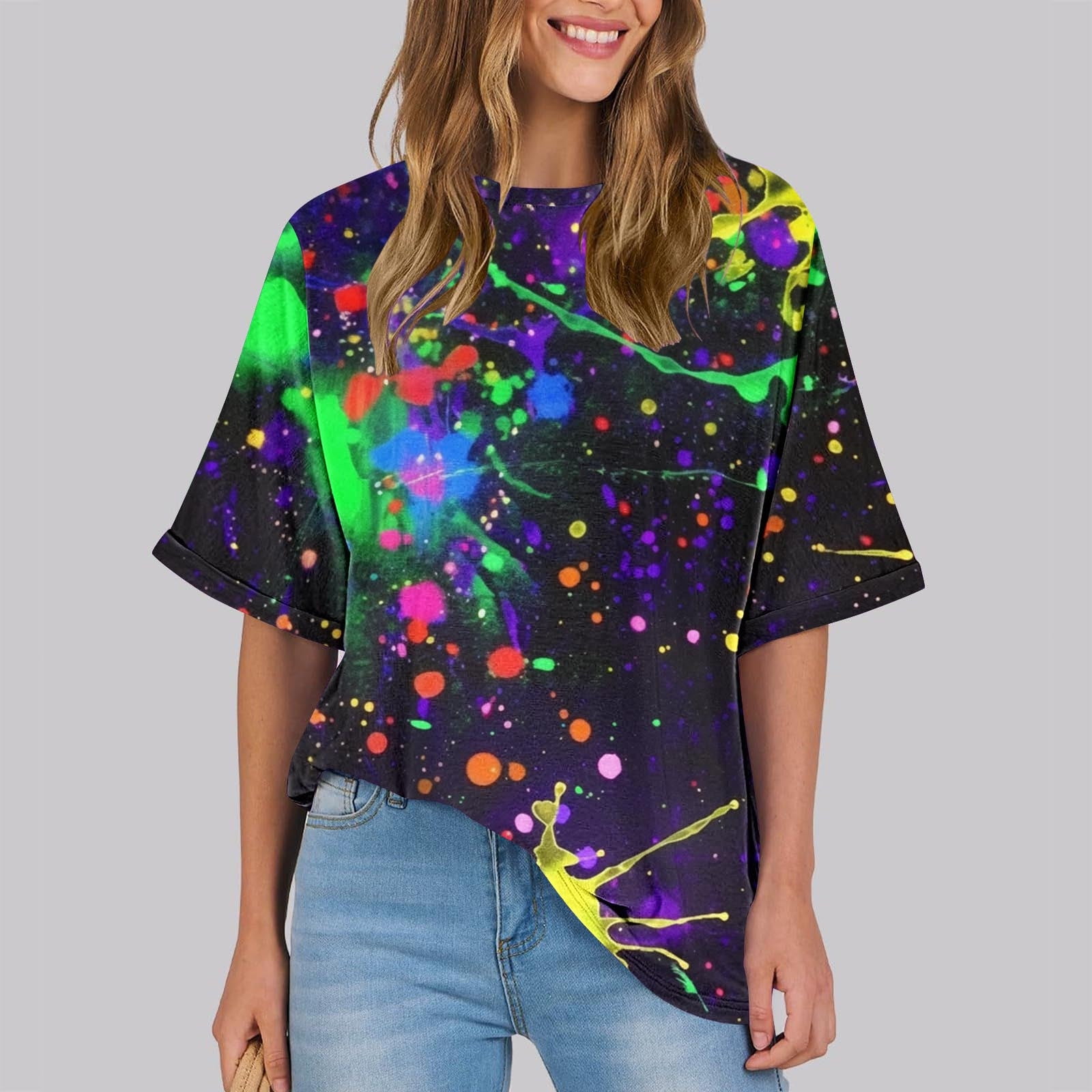 Amidoa Womens Tops Plus Size Short Sleeve Crew Neck Loose Neon Pullover ...