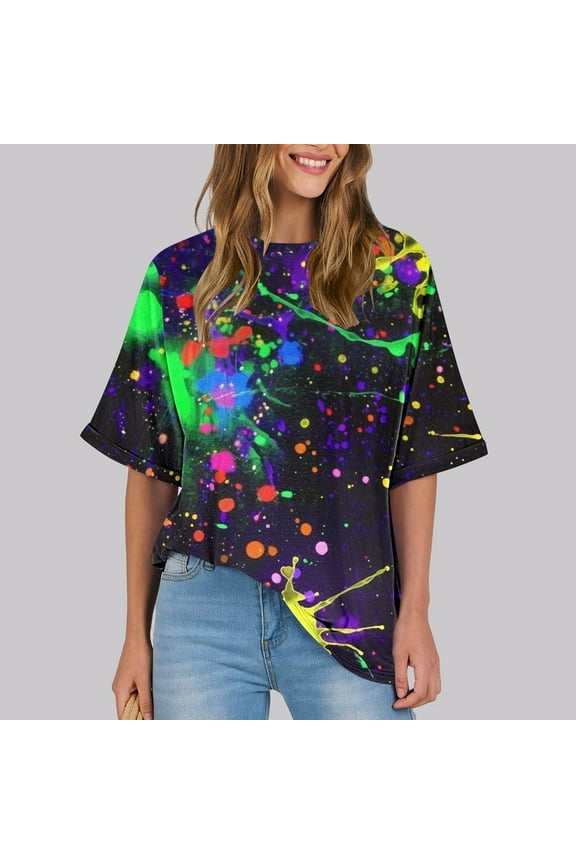 Qulqfy Womens Tops Plus Size Short Sleeve Crew Neck Loose Neon Pullover Blouse Shirts for Women L