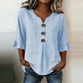 thumbnail image 1 of Qulqfy Womens Tops Striped Tunic Cotton 3/4 Sleeve Fall Ruffle Henley V-Neck Light Blue Button Down Casual Tshirts L, 1 of 7