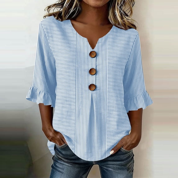 Qulqfy Womens Tops Striped Tunic Cotton 3/4 Sleeve Fall Ruffle Henley V-Neck Light Blue Button Down Casual Tshirts L