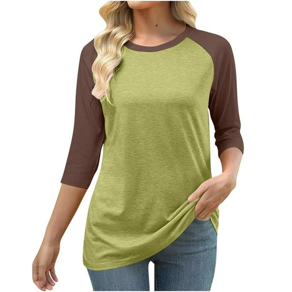 Qulqfy Womens Tops Trendy Plus Size 3/4 Length Sleeve Spring Raglan Shirts Tunic Fall Crew Neck Color Block Tops Womens Blouses S