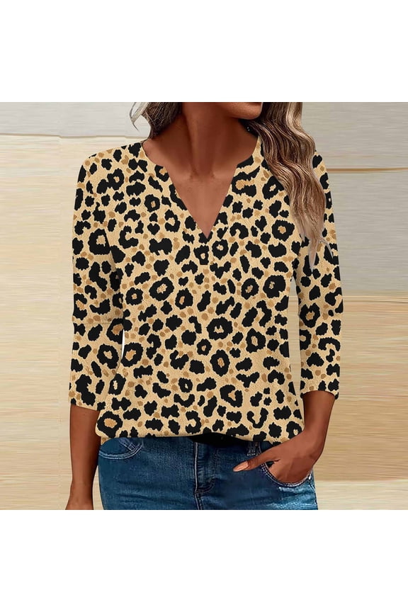 Womens Tops Trendy Plus Size Spring 3/4 Sleeve Leopard Print Shirts V Neck Fall Cheetah Tops Cheetah Blouses for Women L