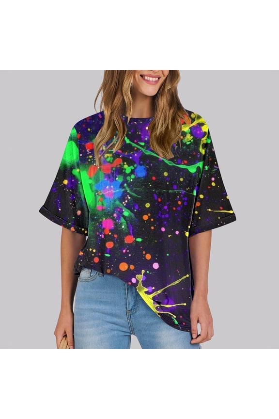 Womens Tops Trendy Short Sleeve Loose Crew Neck Pullover Neon Blouse Women's T-Shirts S