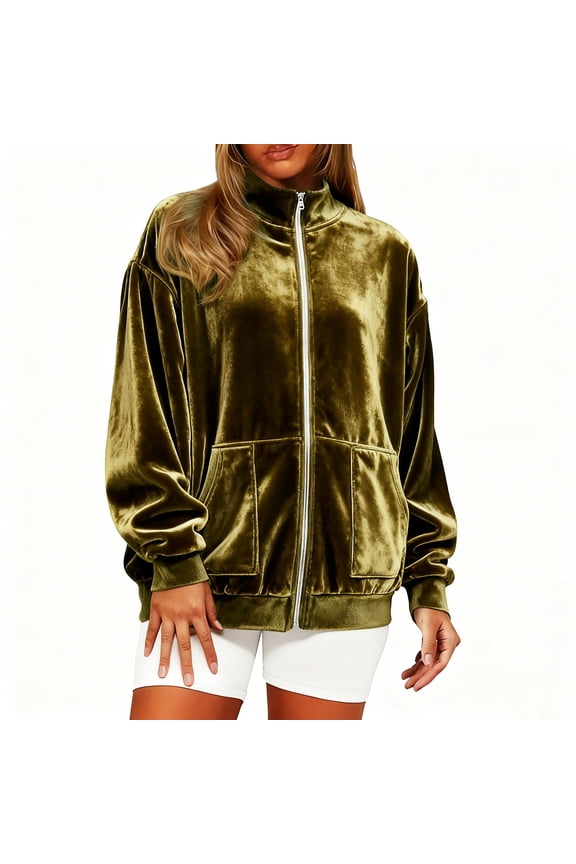 Womens Trendy Tops Long Sleeve Velvet Gold Zip Front Plus Size Sweatshit Elegant with Pockets Collared Jacket Spring Tops for Women L