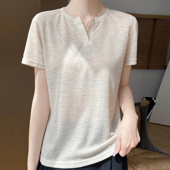 Qulqfy Womens Tshirt Beige Basic Short Sleeve Solid Shirts V Neck Spring Summer Tees M