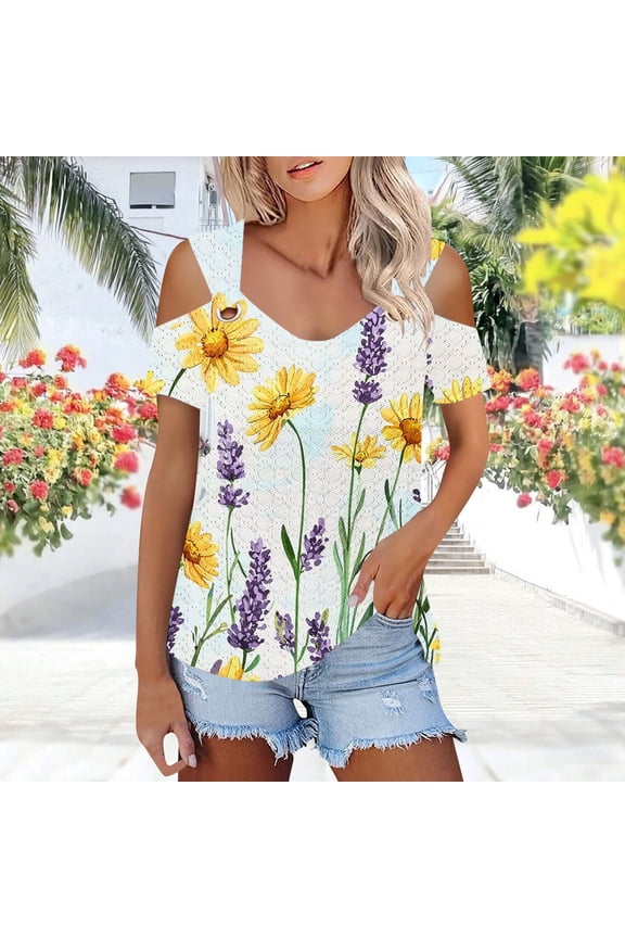 Womens Tshirt Cutout Graphic Short Sleeve Shirts V Neck Casual Tops Holiday Tops for Women Dressy M