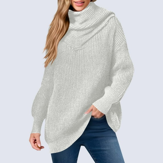 Qulqfy Womens Tunic Sweaters White Cowl Neck Cozy Pullover Sweater Trendy Knit Long Sleeve Shirts Tops for Women