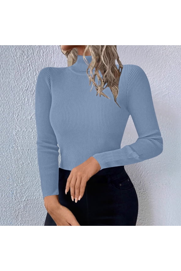 Womens Turtleneck Sweaters Pullover Cozy Blue Sweater Casual Long Sleeve Knit Shirts Tops for Women