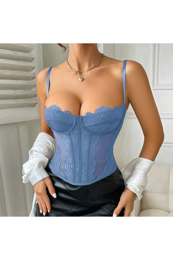 Womens Underbust Corset Top Lace Tank Top with Straps Underwire Solid Boned Corset Tops for Women