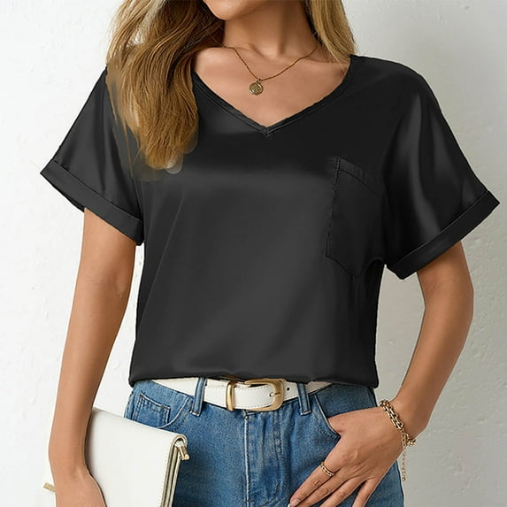 Qulqfy Womens V Neck Blouses Dressy Black Satin Silk T-Shirt Short Sleeve Cuffed Shirt Going Out Tops for Women M