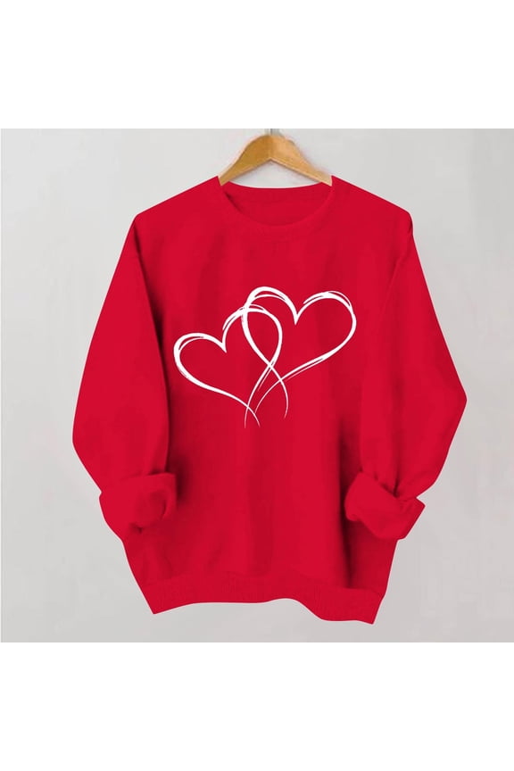 Womens Valentine's Day Tops Tunic Petite Cute Heart Print Sweatshirts Long Sleeve Dating Crew Neck Red Shirts for Women XL