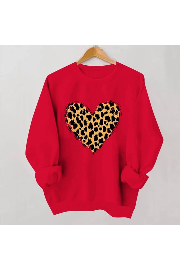 Womens Valentines Day Tops Heart Print Tunic Petite Dating Sweatshirts Long Sleeve Red Crew Neck Leopard Print Cute Shirts for Women L