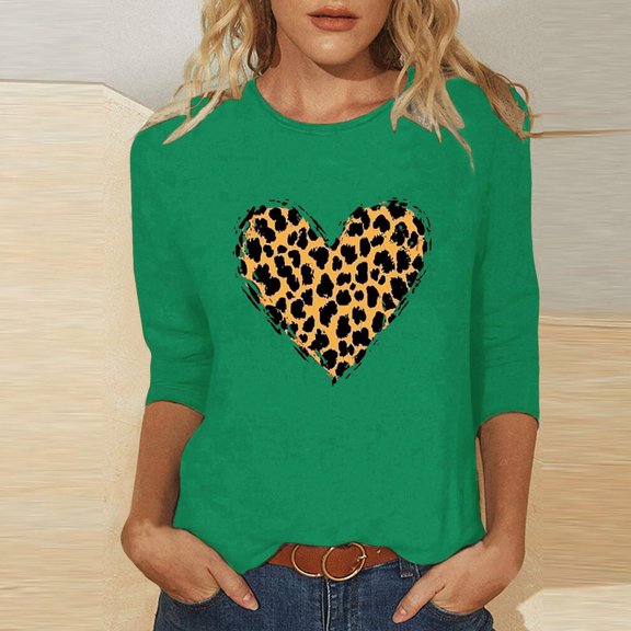 Qulqfy Womens Valentines Day Tops Leopard Print Cute Plus Size 3/4 Sleeve Blouses Dating Crew Neck Green Heart Print Shirts for Women XL