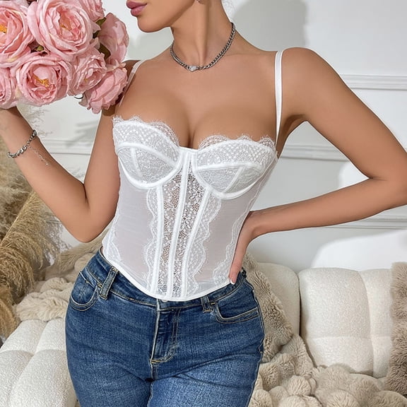 Qulqfy Womens White Corset Underbust Lace Shapewear Solid Boned with Straps Underwire Corset Tops for Women