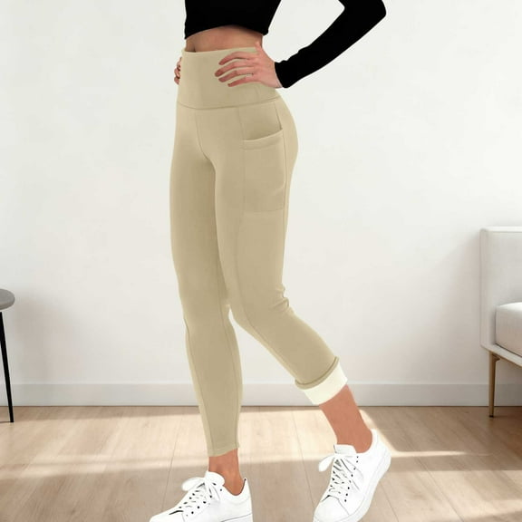 Qulqfy Womens Winter Pants Beige Yoga Fleece Lined Pants High Waisted Pockets Warm Pants for Women
