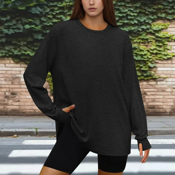 Qulqfy Womens Workout Clothes Oversized Gray Long Sleeve Fleece Plus Size Shirts Crew Neck Fuzzy Tunic Tops for Women