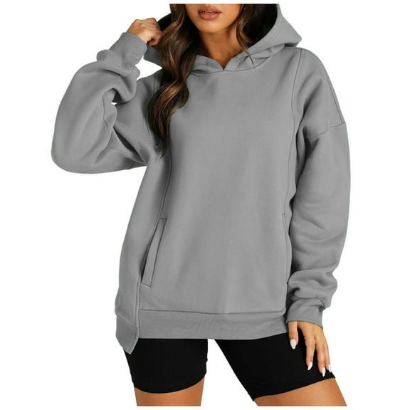 Qulqfy Womens Workout Hoodies Oversized High-Low Gray Fall 2025 Professional Sweatshirts Women's Party Tops XL