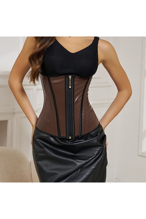 Womens Zipper Front Corset Top Leather Underbust Bustier Solid Strapless Fashion Boned Corset Tops for Women