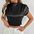 thumbnail image 1 of Qulqfy Work Blouses for Women Black Cropped Satin Silk Petite T-Shirt Short Sleeve Shirt Womens Trendy Tops L, 1 of 7