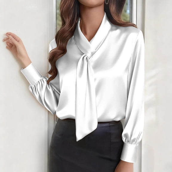 Qulqfy Work Blouses for Women Silk White Satin Blouse Tie Front Long Sleeve Solid Shirt Going Out Tops for Women S