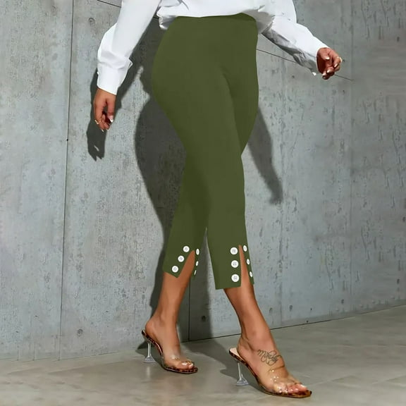 Qulqfy Work Women's Pants Business Casual Green Side Slit High Waisted Fall Capris Women's Pants L