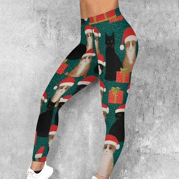 Qulqfy Workout Fall Leggings for Women Christmas Track Elastic Green Plus Size Cat Print Casual Lounge Leggings Pants Women L