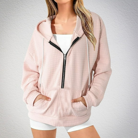 Qulqfy Workout Hoodies for Women Half Zipper Embossed Fall 2025 Pink Cute Sweatshirts Womens Professional Tops S