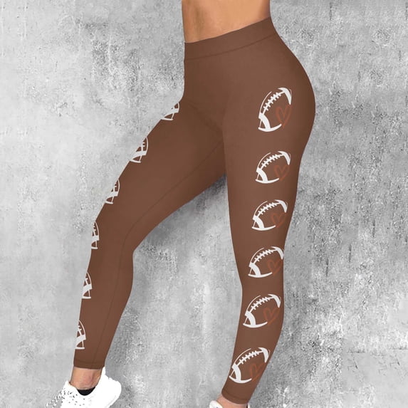Qulqfy Workout Leggings for Women Yoga High Waisted Bronze Football Plus Size Compression Tummy Control Leggings Winter Pants for Women L