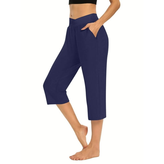 Qulqfy Workout Women's Pants Yoga Loose Blue No Scrunch Petite High Waisted Solid Capris Ladies Trousers M