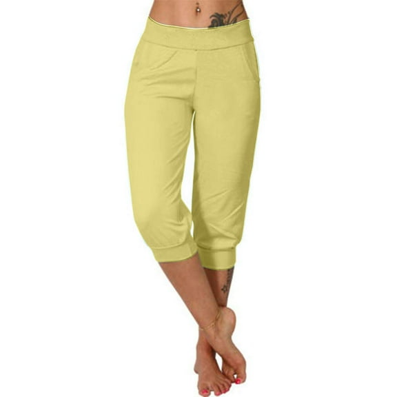 Qulqfy Yellow Pants for Women 2025 Solid Capri Casual High Waisted Workout Yoga Petite Pants Athletic Pants for Women S