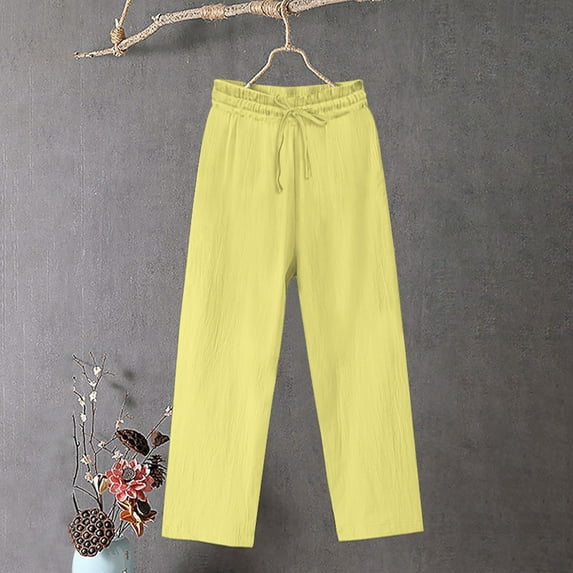 Qulqfy Yellow Women's Pants 2025 Cotton Linen Plus Size Wide Leg Solid Color Comfy Pants Girls Sweatpants XXL