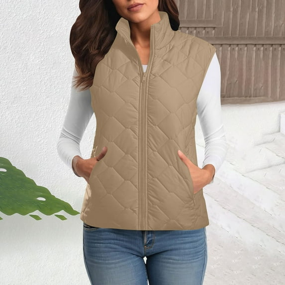 Qulqfy Yellow Womens Quilted Jacket Sleeveless Zip Up Casual Stand Collar Padded Puffer Vest Womens Fall Jackets S