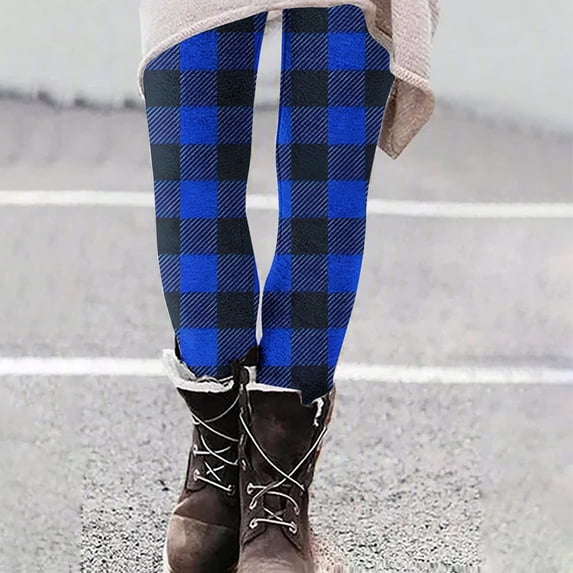 Qulqfy Yoga Leggings for Women Plaid Blue Stretch Active Pants Fall High Waisted Compression Leggings for Women