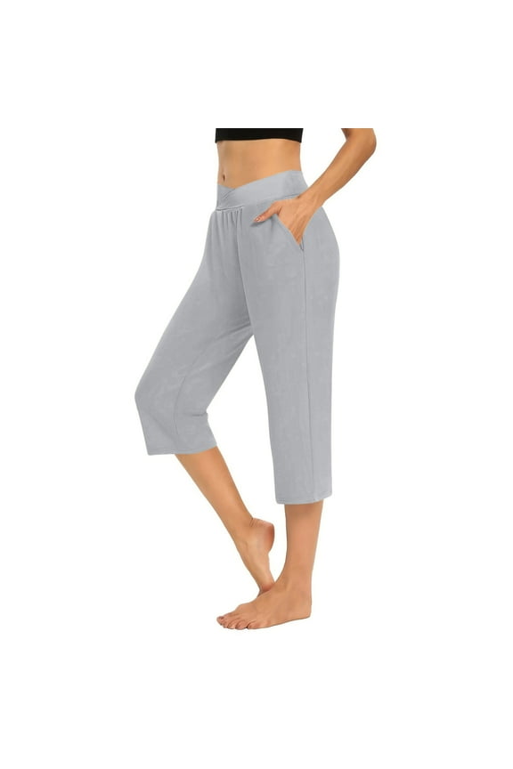 Yoga Womens Pants Workout Loose Gray No Scrunch Petite Solid High Waisted Capris Athletic Joggers Women M
