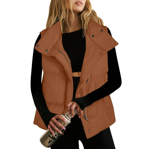 Qulqfy Zip Up Quilted Jackets for Women Warm Brown Sleeveless Stand Collar Padded Puffer Vest Women's Winter Coats L
