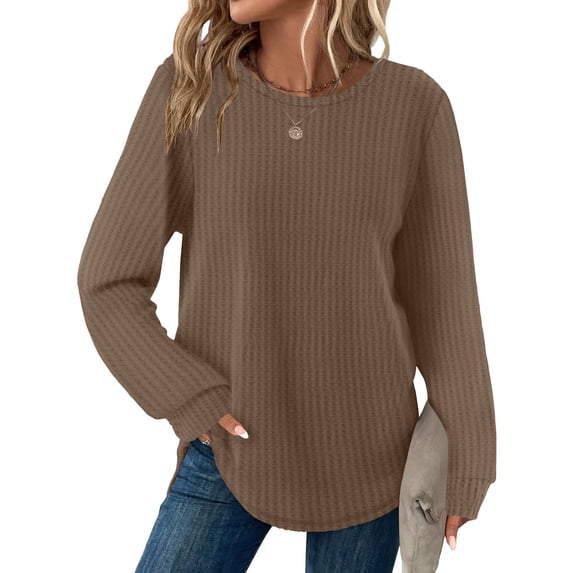 Qulqfy women's Tunic tops Crew Neck Waffle Knit Brown Shirts Long Sleeve Curvy Hem Fall Spring Shirts Womens Tops Dressy Casual XL