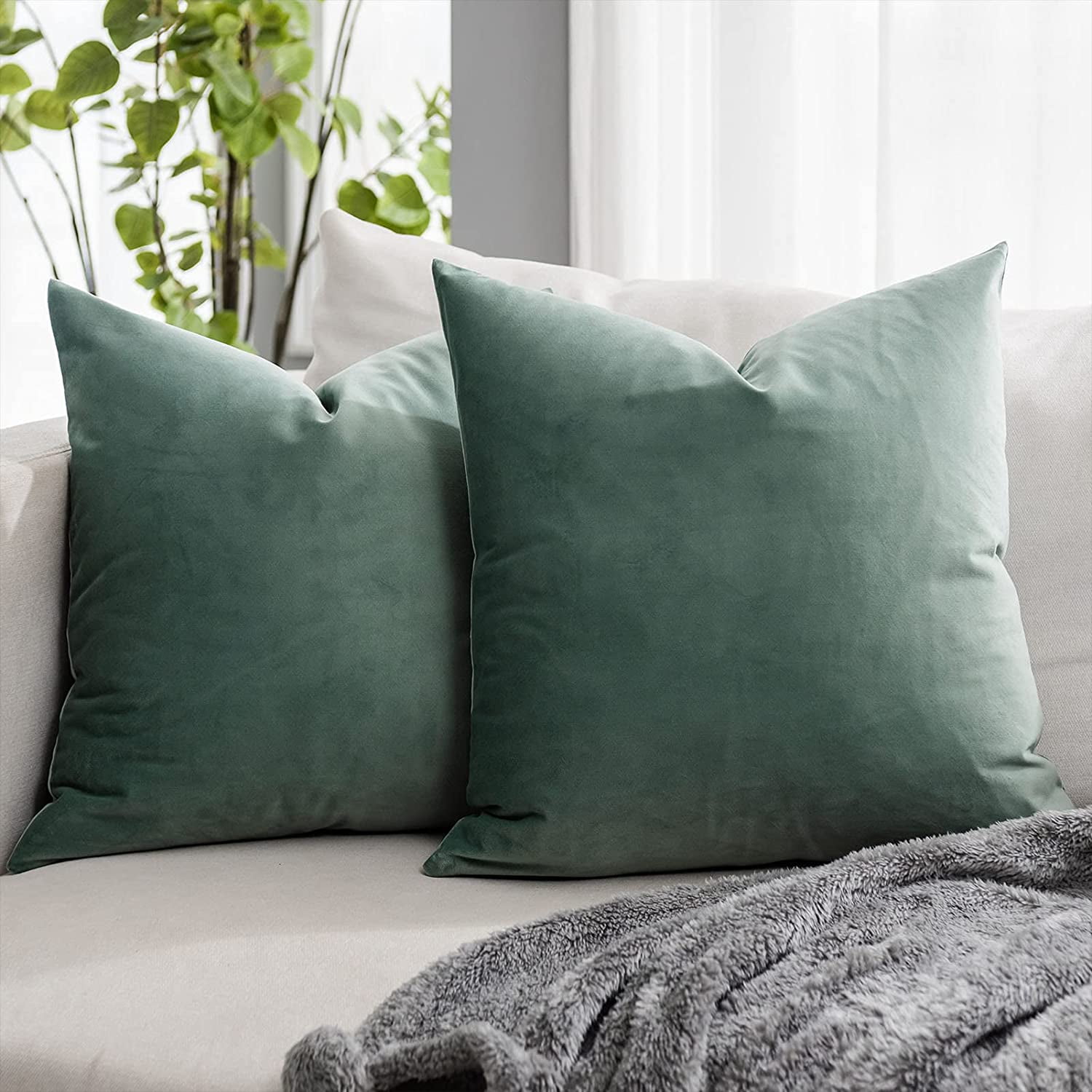 Sage Green Velvet 24" x 24" Decorative Pillow Covers with Hidden Zipper