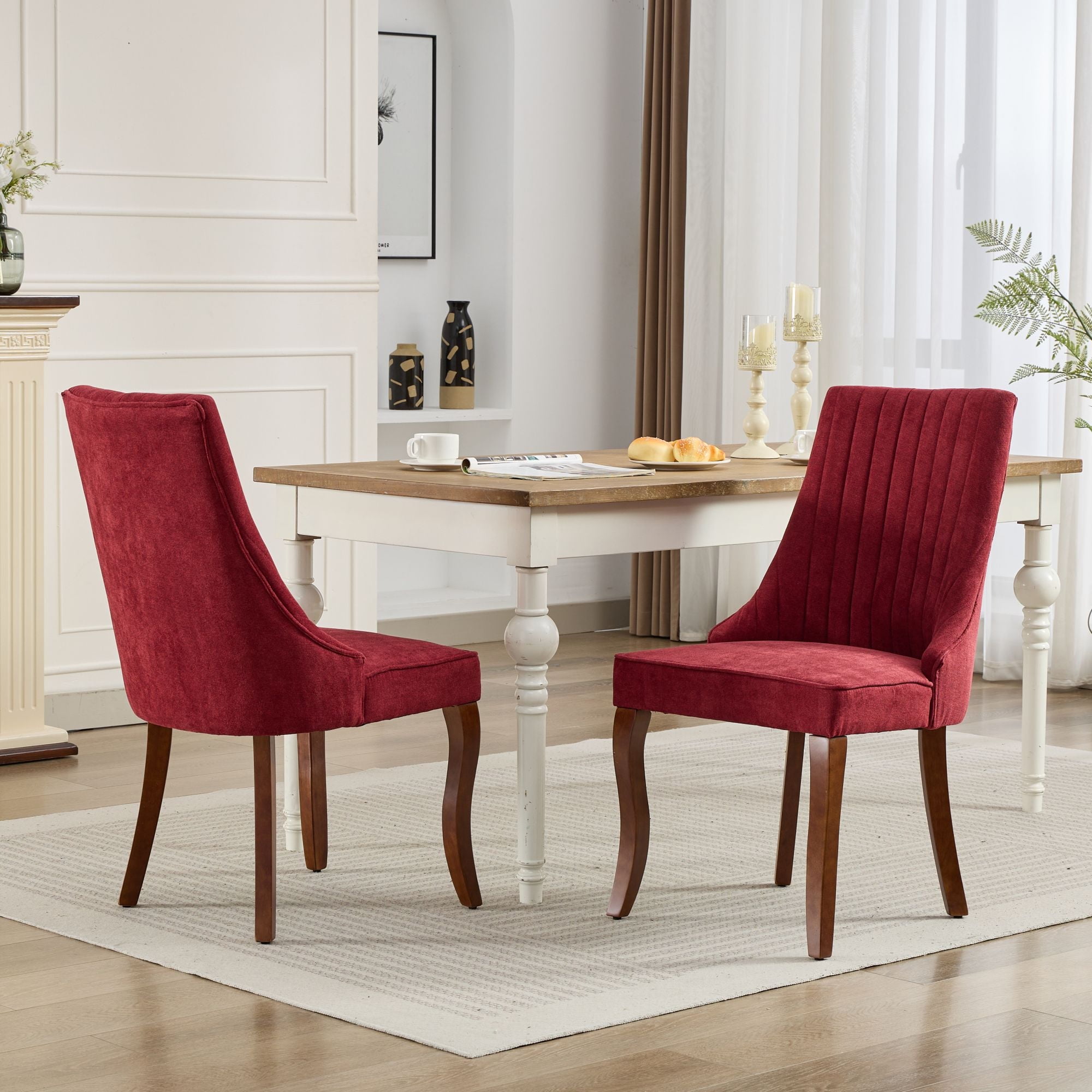 Wine Red High Back Linen Upholstered Dining Chair with Wood Legs