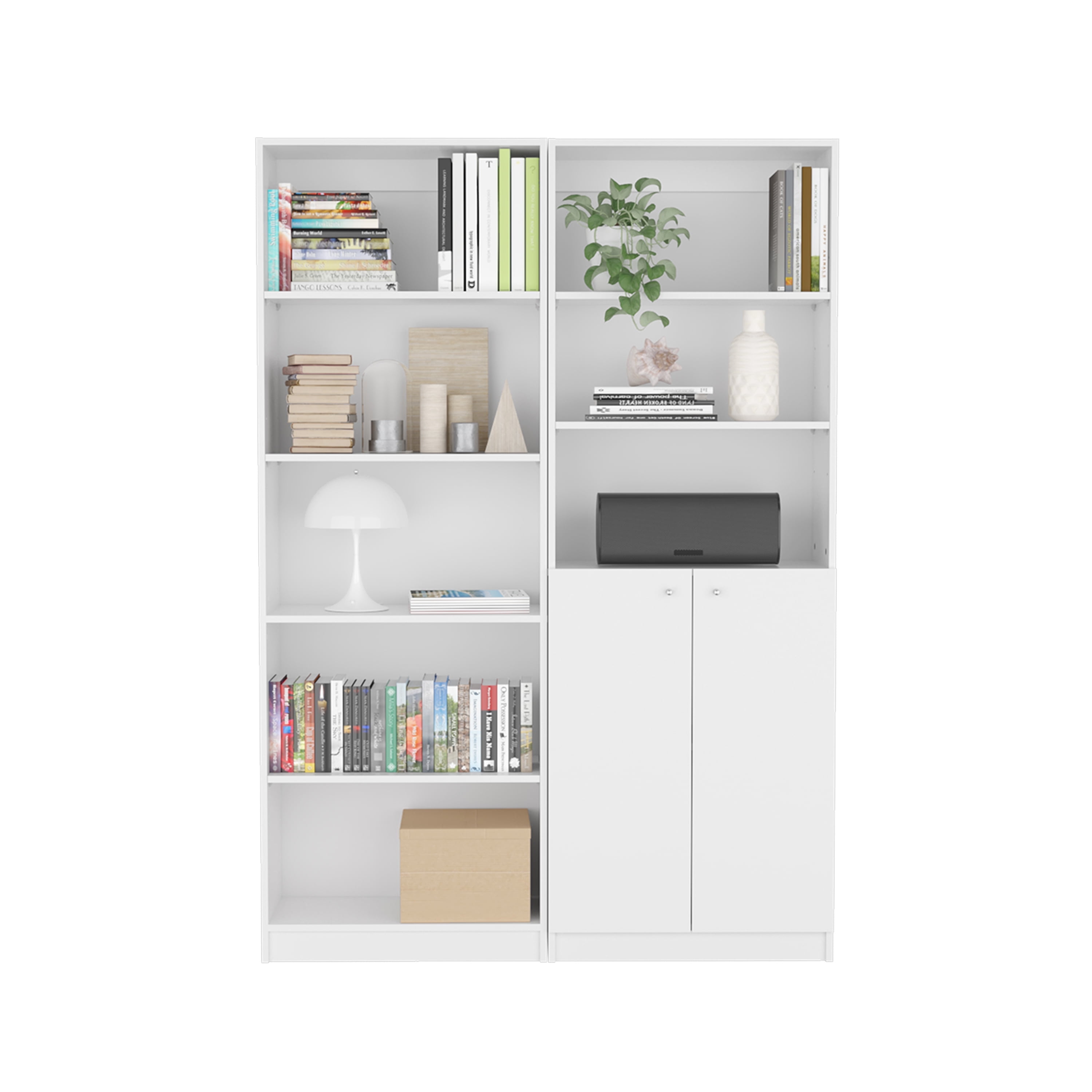 Qumbnk 8 Shelves Wood Book Storage Rack with 2 Doors Cabinet, Wood