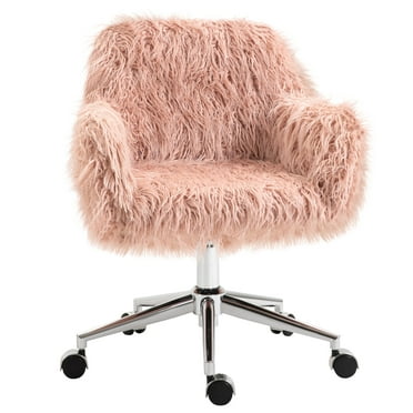 Qumbnk Faux Fur Swivel Office Chair with Wheels, Adjustable Height Vanity Chair Task Chair for Office, Bedroom, Office, Pink