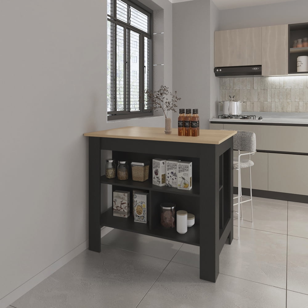 Qumbnk Kitchen Island Table with 3 Open Shelf, Wood Top Kitchen Island ...