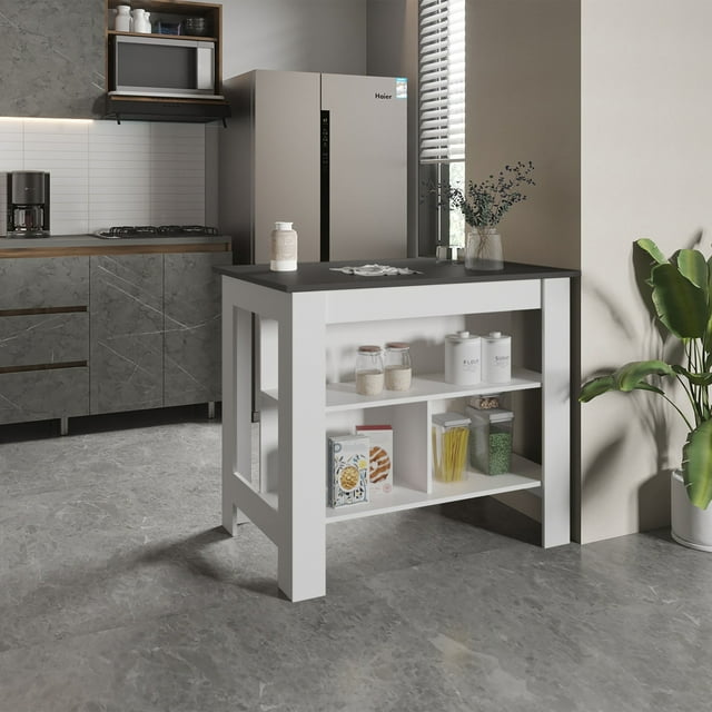 Qumbnk Rectangle Kitchen Island with Open Shelf, Wood Island Table for Living Room, Dining Room, Kitchen