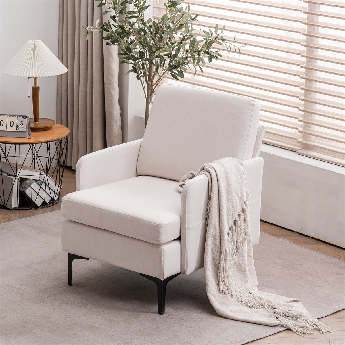 Beige Linen Upholstered Accent Chair with Wood Legs