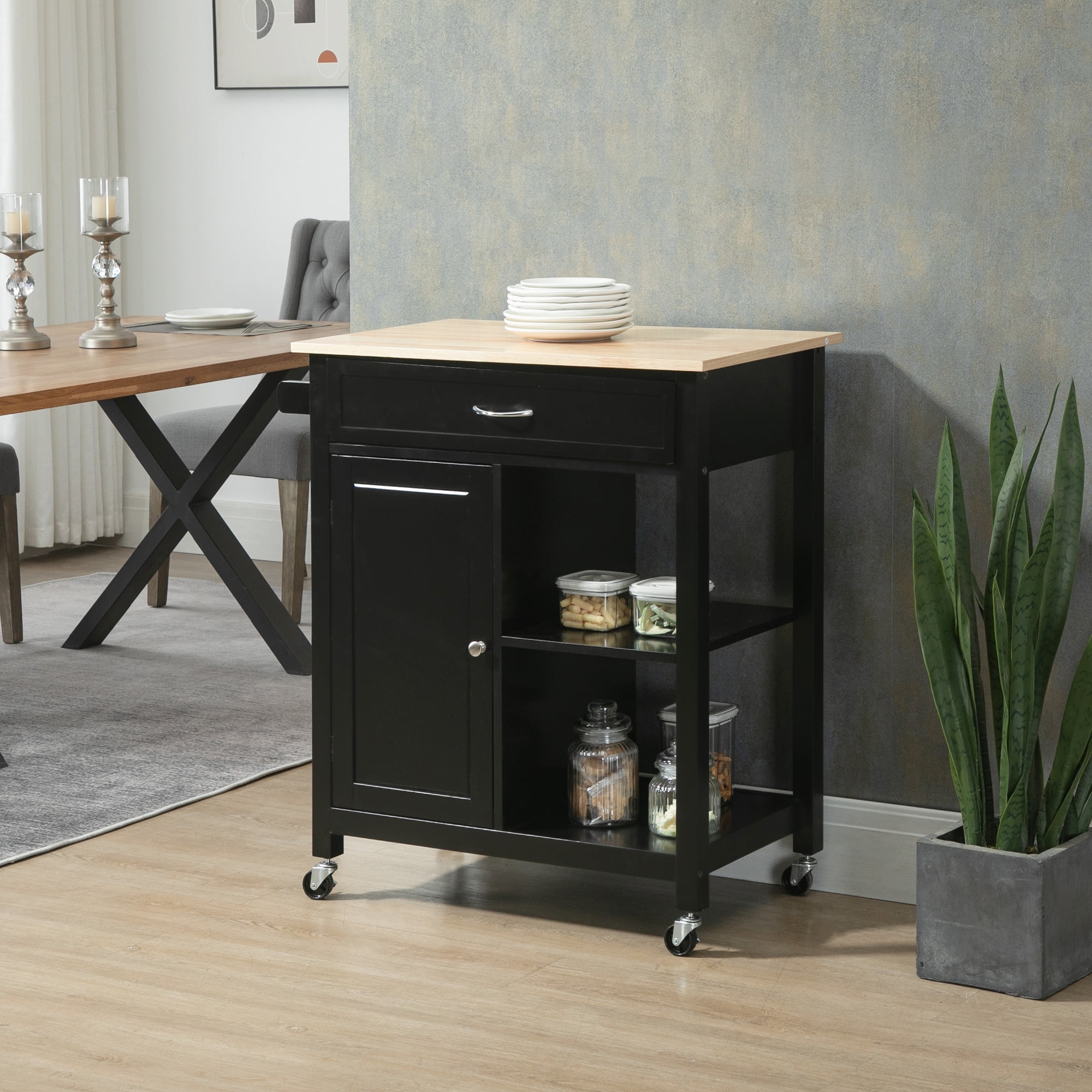 Elegant Black Solid Wood Butcher Block Kitchen Cart with Storage