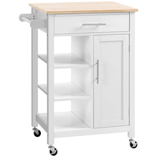 White Solid Wood Top Rolling Kitchen Cart with Storage