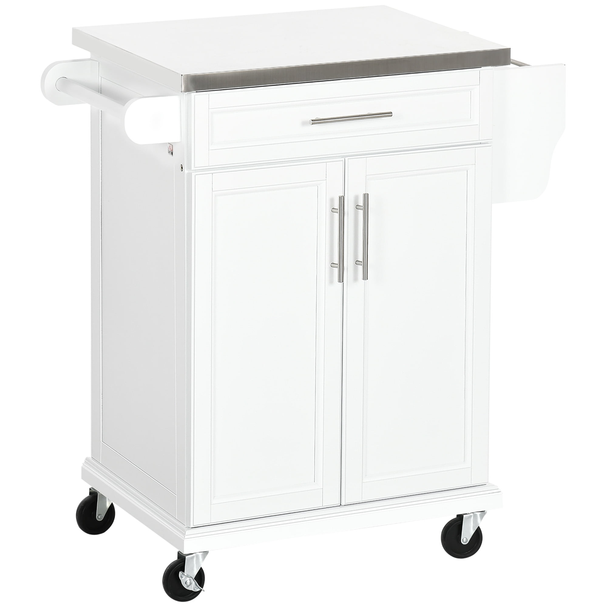 White Stainless Steel Top Kitchen Cart with Spice Rack and Storage