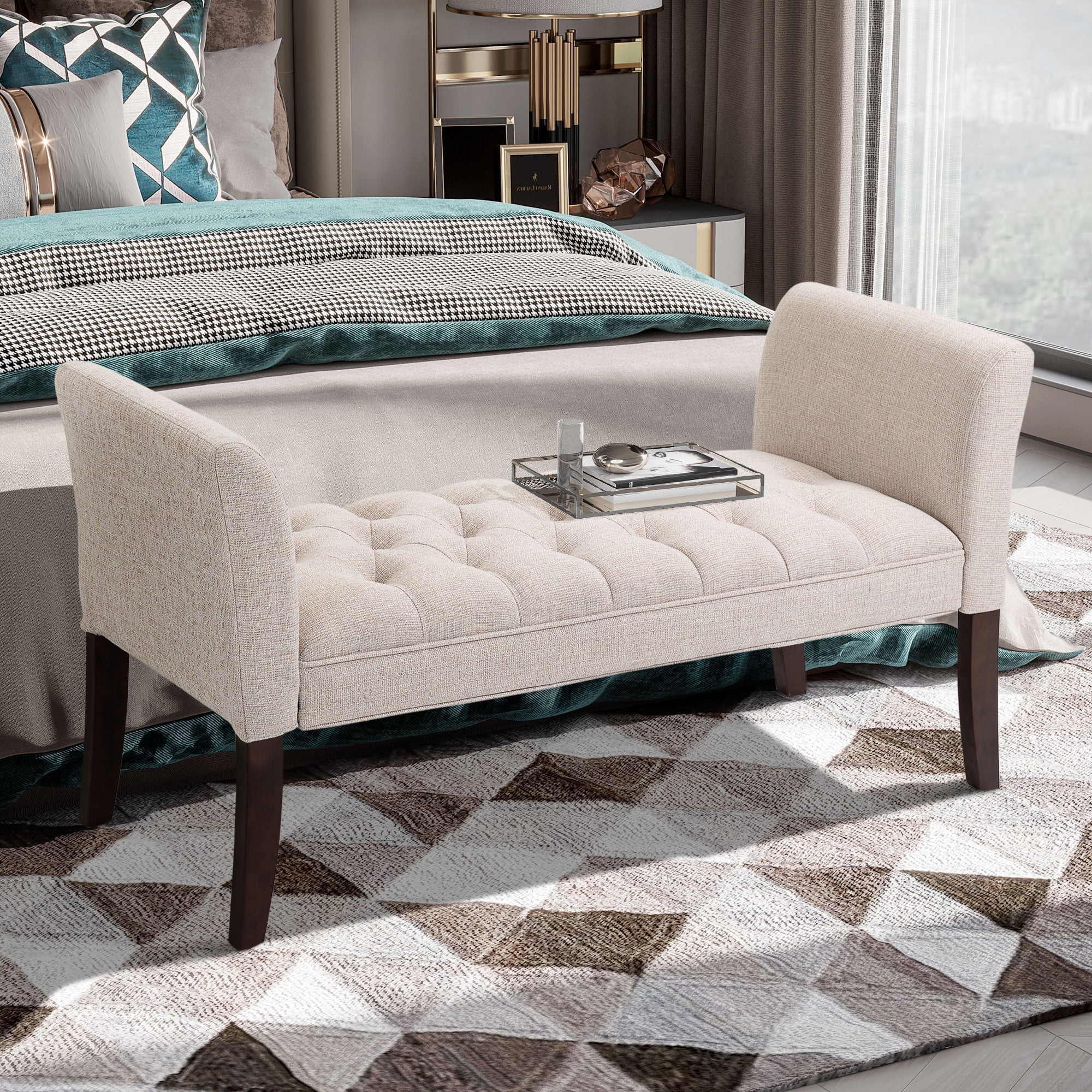 Qumbnk Upholstered Entryway Bench with Wood Legs, Rectangle End of Bed ...