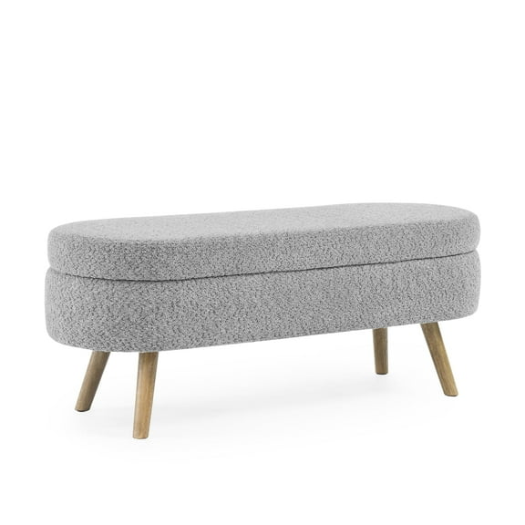 Qumbnk Upholstered Storage Ottoman with Wood Legs, Modern Oval Storage Bench for Living Room, Bedroom, Gray