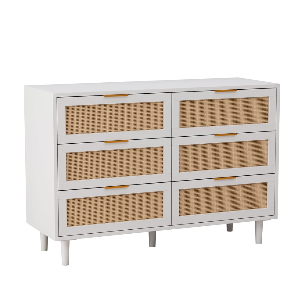White MDF and Rattan 6-Drawer Dresser with Gold Handles
